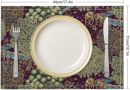 William Morris Flower Placemats Set of 4, Vintage Boho Floral Tree Plant Deers Woodland Animals Place Mats, Heat Resistant Non Slip Cotton Linen Dining Table Mats for Home Kitchen Party 18x12 Inch 1PC