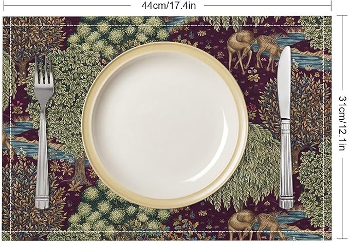 William Morris Flower Placemats Set of 6, Vintage Boho Floral Tree Plant Deers Woodland Animals Place Mats, Heat Resistant Non Slip Cotton Linen Dining Table Mats for Home Kitchen Party 18x12 Inch 1PC