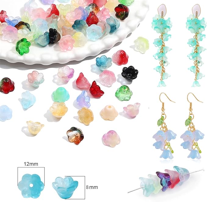 LadayPoa 100pcs Glass Bellflower Beads for Jewelry Making Trumpet Flower Beads Gradient Clear Cute Beads for Bracelets Making Aesthetic Bead Charms for DIY Necklace Decoration-Pink Yellow