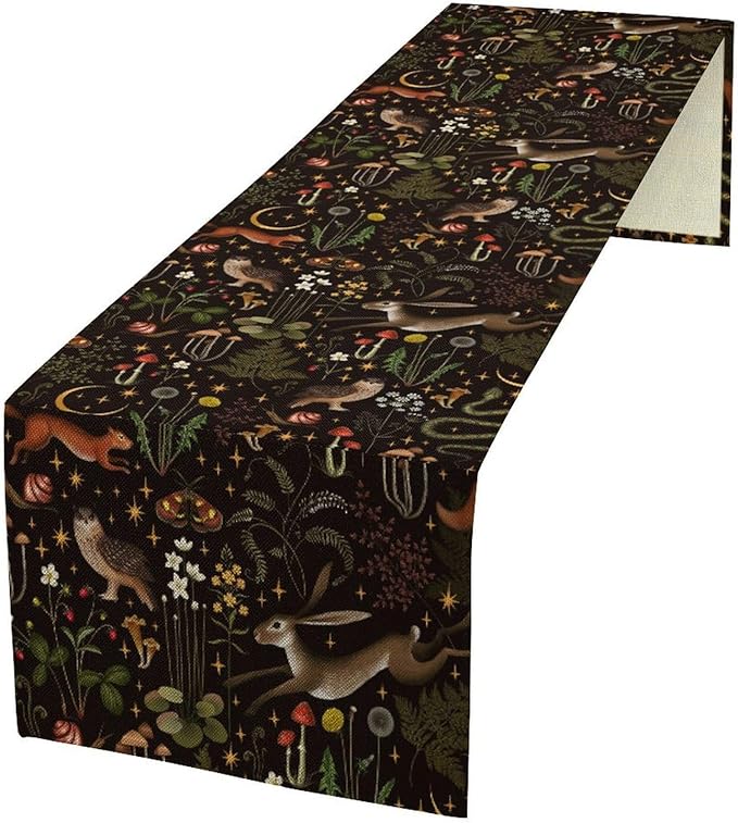 Rustic Forest Table Runner, Farmhouse Country Fairy Woodland Wild Animals Butterfly Mushroom Table Runner for Home Kitchen Dining Table Decor, 13x36inch