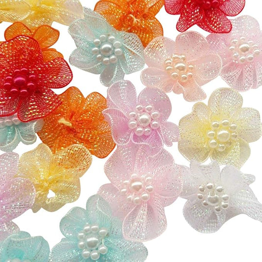 Chenkou Craft Mix Lots 40pcs 28mm Organza Ribbon Flowers Bows w/Beads Appliques Wedding Craft (Organza Flower(A0020))