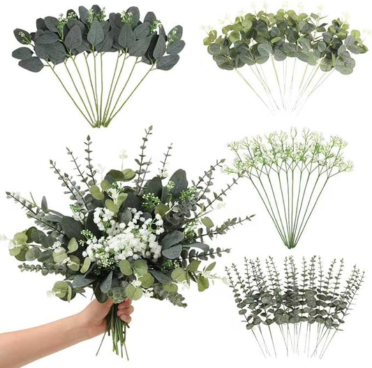 60 Pcs Mixed Artificial Eucalyptus Leaves Stems Bulk,Baby Breath Artificial Flowers Bulk with Eucalyptus Leaves Greenery Stems for DIY Bouquets Wedding Floral Home Decor (Green-60pcs)