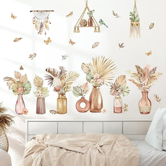 decalmile Boho Palm Leaves Wall Decals Flower Vase Tropical Plants Butterflies Wall Stickers Bedroom Living Room Sofa TV Background Wall Décor