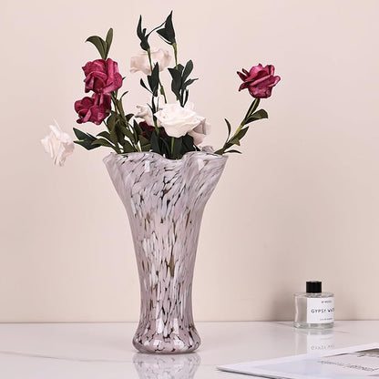 9.0" H Pink Glass Vases for Flowers, Unique Hand Blown Glass Vase Pink Home Decor, Wide Mouth Colorful Flower Vase Centerpieces, for Living Room Table Bookshelf, Bathroom Office Shelf Decorative