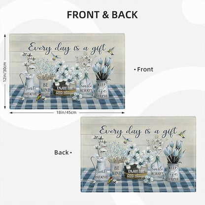 Farmhouse Spring Flower Placemats Set of 4 Every Day is A Gift Rustic Floral Double-Sided Table Mats for Dining Room Home Party Indoor 4 PCS 12x18 Inch