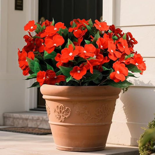6 Pcs Artificial Red Christmas Flowers Christmas Decor, Velvet UV Resistant Faux Impatiens for Indoor Table Outdoor Planters Patio Lawn Garden Balcony Pot