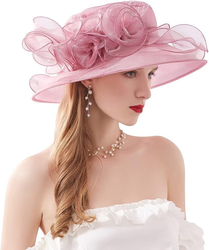 Organza Derby Hats for Women Wide Brim Fascinator Hat Rose Flower Wedding Tea Party Hat
