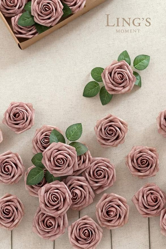 Ling's moment Artificial Flowers 50Pcs Dusty Rose Roses Decor w/Stems,3" Real Touch DIY Foam Floral for Wedding Bouquet/Centerpieces, Outdoors Party Backdrop, Room/Table, and Garden/Pot Decorations