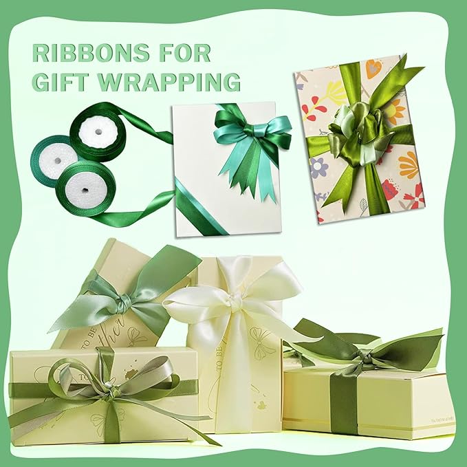 150 Yards Green Satin Ribbon 1 Inch 6 Rolls Assortment Ribbons for Crafts Gift Wrapping Flower Bouquet Wedding Invitations Birthday Party Festival Decoration Hair Bows