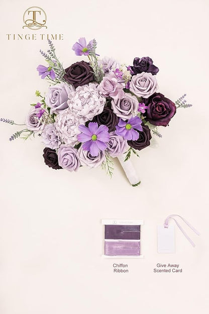 TINGE TIME 11 Inch Wedding Bouquets for Bride, Lavender&Plum Artificial Flowers Bouquet, Brides & Bridesmaids Bouquet for Wedding Anniversary Ceremony Bridal Shower Decorations