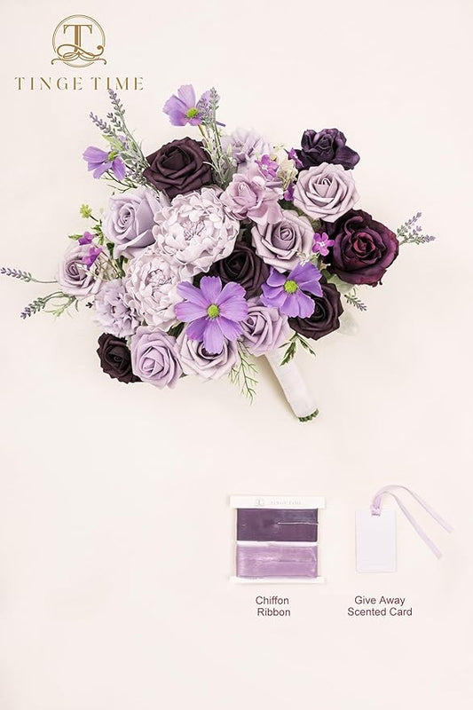 TINGE TIME 11 Inch Wedding Bouquets for Bride, Lavender&Plum Artificial Flowers Bouquet, Brides & Bridesmaids Bouquet for Wedding Anniversary Ceremony Bridal Shower Decorations