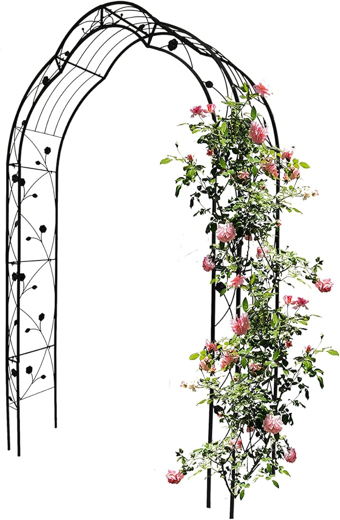 Metal Garden Arch, Assembly Garden Arbor Trellis Climbing Plants Support Rose Arch Outdoor Wedding Arch Party Events Archway (W59'' x H98.4'', Black)