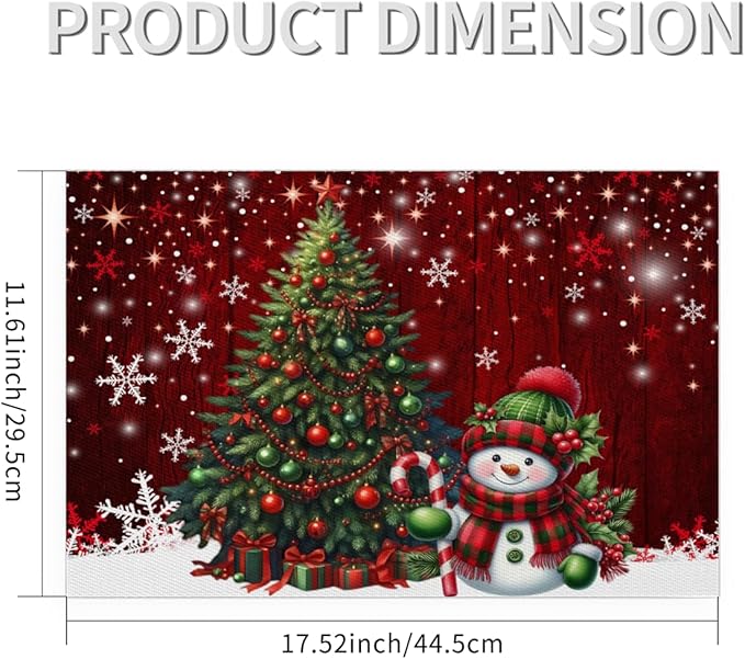 Xmas Christmas Tree Snowman Red Placemats Set of 4 PVC Vinyl Non Slip Table Mats Heat Resistant Place Mats Washable Wipeable Dining Table Mat for Kitchen Decor Party Indoor Outdoor Decorative Gift