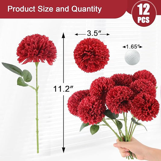 Hananona 12 Pcs Artificial Chrysanthemums Flowers Burgundy Red Flowers, Fake Mums Silk Flowers for Spring Home Decor Christmas Floral Arrangement Halloween Table Centerpiece (12, Burgundy)