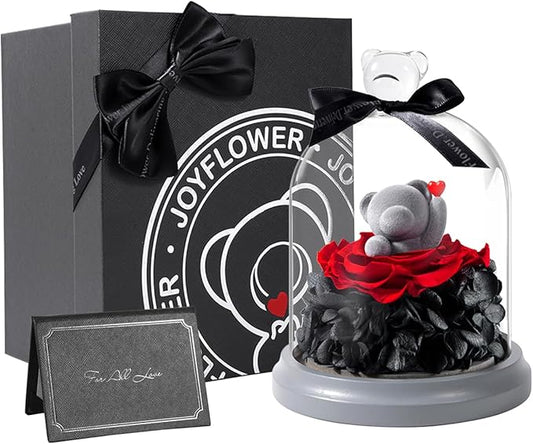 JoyFlower Preserved Flowers with Teddy Bear in Glass Gift, Eternal Rose Gifts for Girlfriend, Preserved Rose Bear with Gift Box for Wife Mom Her on Birthday, Valentine's Day, Mother's Day, Anniversary