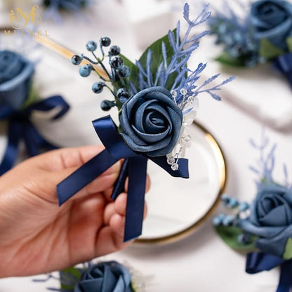 Meldel Blue Boutonniere for Men Wedding, Set of 6, Groom Groomsman Guest Boutonnieres Wedding Decor Artificial Flowers Corsage for Wedding Ceremony Formal Dinner Prom Party Decoration