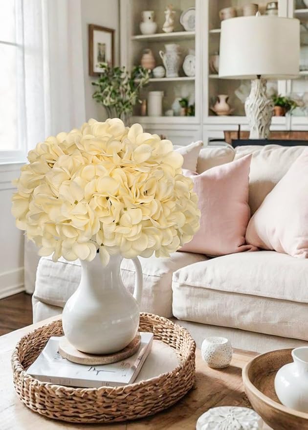 Hollyone 6 Pcs Beige Hydrangea Artificial Flowers Heads with Stems Silk Faux Hydrangea Champagne Fake Flowers for Home Indoor Outdoor DIY Floral Wedding Flower Bouquets Kitchen Table Centerpiece Decor