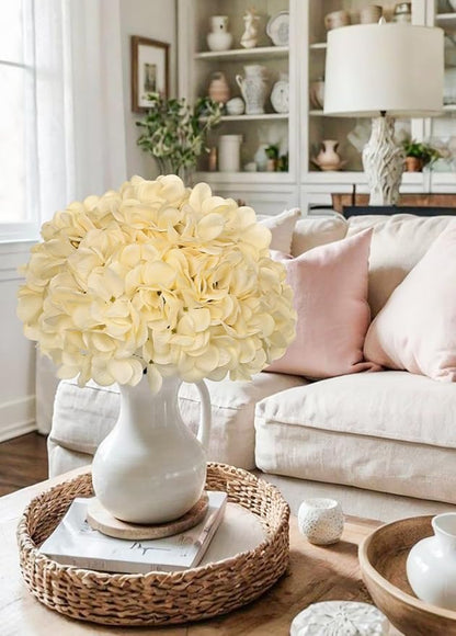 Hollyone 6 Pcs Beige Hydrangea Artificial Flowers Heads with Stems Silk Faux Hydrangea Champagne Fake Flowers for Home Indoor Outdoor DIY Floral Wedding Flower Bouquets Kitchen Table Centerpiece Decor
