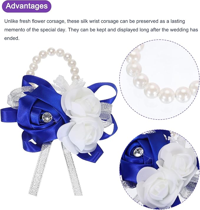 MECCANIXITY 12Pcs Wrist Corsage Artificial Flower Bracelets Rose Wrist Bride Groom Decorative for Wedding Ceremony Prom Party Anniversary Dark Blue