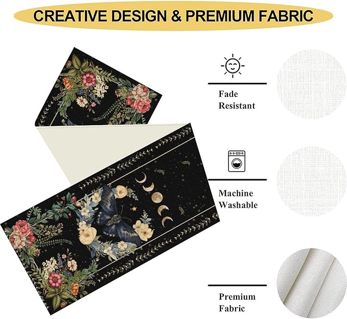 Gothic Moth Table Runner, Boho Vintage Floral Gothic Sun Moon Phase Mystical Witchy Farmhouse Coffee Table Center Decor for Home Kitchen Dining Patio Holiday Party Table Decorations 13x36 inches