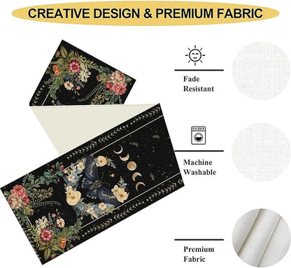 Gothic Moth Table Runner, Boho Vintage Floral Gothic Sun Moon Phase Mystical Witchy Farmhouse Coffee Table Center Decor for Home Kitchen Dining Patio Holiday Party Table Decorations 13x90 inches