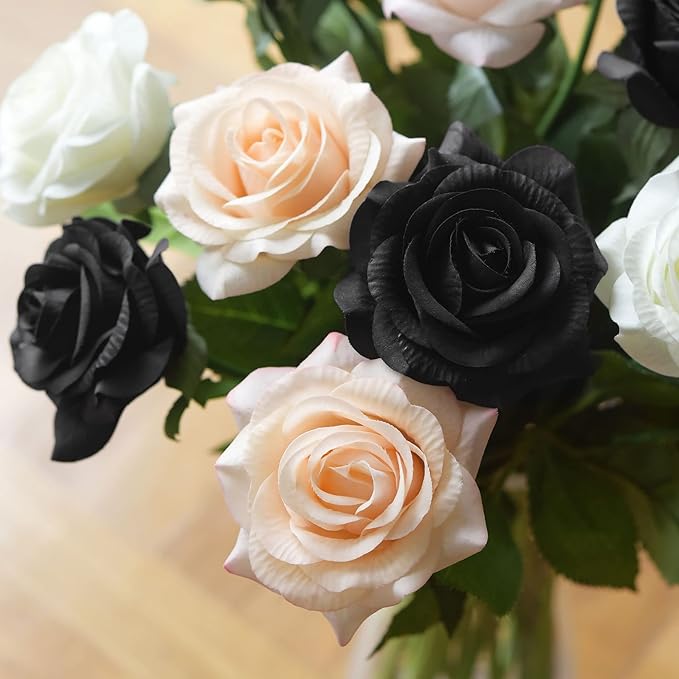 FiveSeasonStuff Fake Black Roses Wedding Flowers Real Touch Silk Artificial Flowers 12 Stems