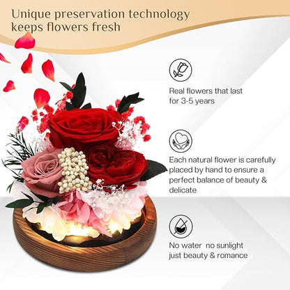 Preserved Flowers,Rose in Glass Dome with LED Light, Gifts for Her, Women, Mom,Grandma,Girlfriend, Wife- Style1