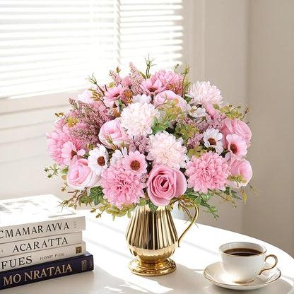 Dremisland Artificial Flowers Like Real Artificial Bouquet 4 Packs Silk Artificial Roses Bouquet with Daisy Chrysanthemum Pink Flowers for Centerpiece Table Wedding Party Home Decor