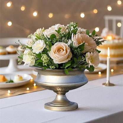 Worth 8" H. Silver Color Urn Vase for Centerpieces, 11.8" Dia. Metal Trumpet Small Flower Pots for Table, Bowl Vase for Wedding Party Event Home Decor