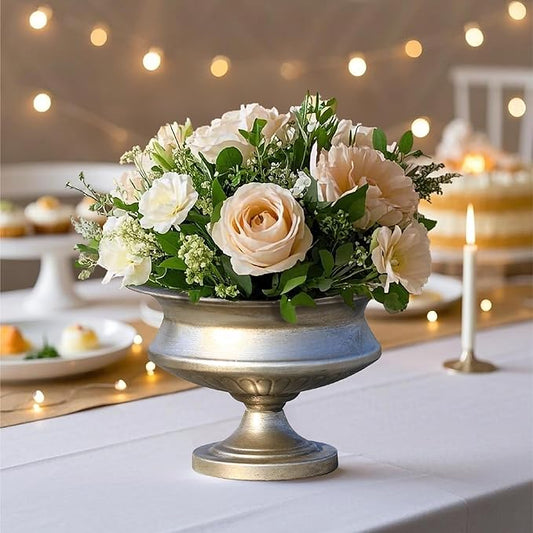 Worth 8" H. Silver Color Urn Vase for Centerpieces, 11.8" Dia. Metal Trumpet Small Flower Pots for Table, Bowl Vase for Wedding Party Event Home Decor