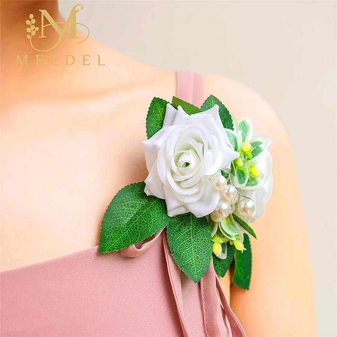 Meldel White Ivory Rose Floral Shoulder Corsages & Boutonniere for Men Wedding, Set of 6, Bride Bridal Bridesmaid Groom Groomsmen Boutineers for Ceremony Anniversary Party Prom Boutonniere
