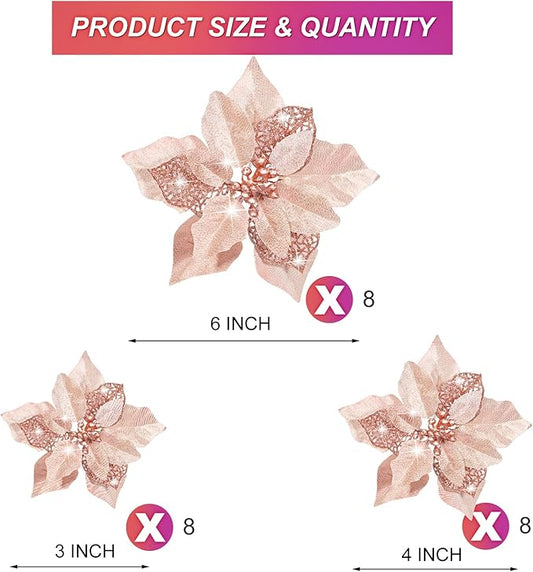 Boao 24 Pieces Christmas Artificial Glitter Poinsettia Flowers Xmas Flowers Wedding Christmas Tree New Year Ornaments(Rose Gold)