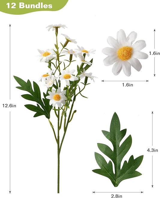 Artificial Flowers, 12 Bundles Daisy Flowers for Outdoors Planters (144 Blooms), Fake Wildflowers, Faux Plants with Silk Daisies for Front Porch Garden Patio Home Aesthetic (White)