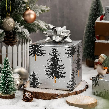 MAYPLUSS Christmas Gift Wrap Trees - 17 Inch X 33 Feet - Silver White Minimalist Christmas Trees Wrapping Paper Winter Festive Forest Present Sheet for Holiday, Seasonal Celebration