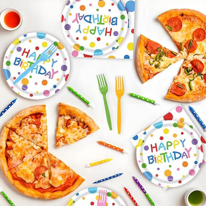 72Pcs Happy Birthday Plates and Napkins, Colorful Dots Paper Plates and Napkins Forks 7inch Disposable Cake Dessert Plates Tableware Decorations for Boys Girls Birthday Party, Serve 24
