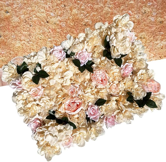 LOYALHEARTDY 12 Pack Artificial Flower Wall Panels 24" x 16" Khaki Faux Hydrangea and Rose Artificial Flower Backdrop Panels for Wedding Party Event Flower Wall Decor