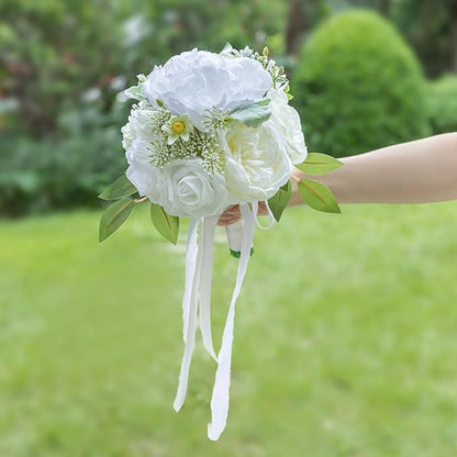 ponatia White Wedding Bouquets for Bride Bridesmaid, Wedding Artificial Roses Flowers for Wedding Bouquets Ceremony, Anniversary (White & Ivory)