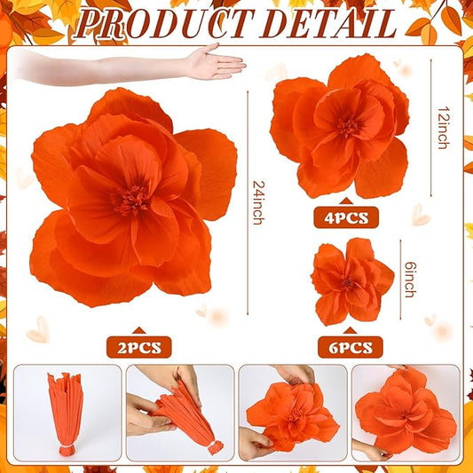 Giant Paper Flowers Artificial Large Paper Flower Decoration for Handcrafted Wall Backdrop Christmas Mexican Wedding Graduation Bridal Shower Birthday Party Supplies(Orange,12 Pcs)