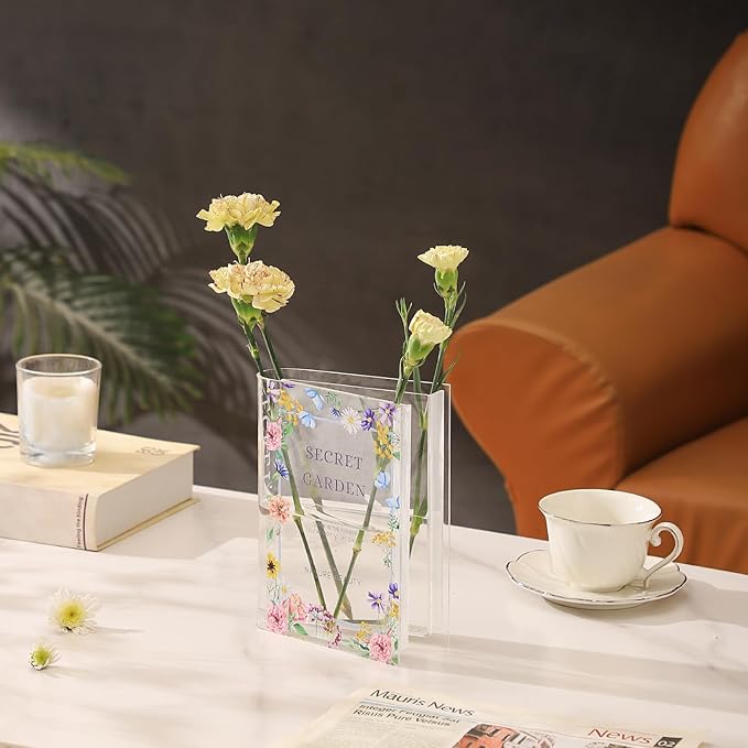 Book Vase for Flowers, Clear Acrylic Book Vases, Book Flower Vase, The Book About Flowers, Modern Decorative Vases for Home, Bedroom, Living Room, Dining Table