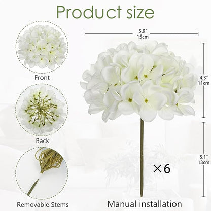 Hollyone 6 Pcs White Hydrangea Artificial Flowers with Stems Silk Faux Hydrangea White Fake Flowers for Home Indoor Outdoor DIY Floral Wedding Flower Bouquets Kitchen Table Centerpiece Decor