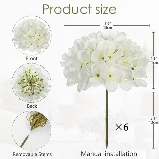 Hollyone 6 Pcs White Hydrangea Artificial Flowers with Stems Silk Faux Hydrangea White Fake Flowers for Home Indoor Outdoor DIY Floral Wedding Flower Bouquets Kitchen Table Centerpiece Decor
