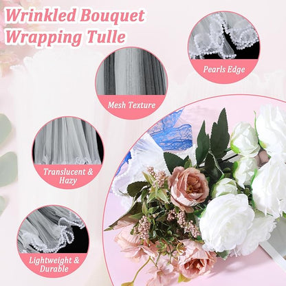 Quilax 4.16 Yards flower Bouquet Wrapping Paper, Pearl Edge Flower Wrapping Paper, Wrinkled Translucent Floral Papers for Wedding Christmas DIY Crafts Gift Packaging Bouquet Accessories