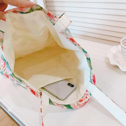 Cotton Canvas Tote Bag Reusable Soft Grocery Cloth Bag Floral Shoulder Bag for Beach Travel Shopping