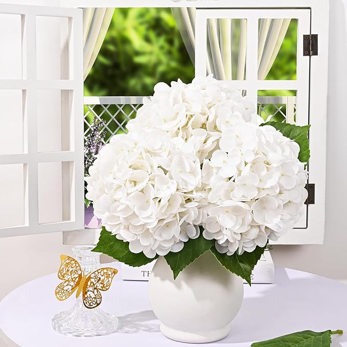 6 Pcs White Hydrangea Artificial Flowers, Latex Real Touch Hydrangea Flowers, 19.6'' Full Faux Hydrangea Flowers Fake Flowers for Home Decor Party Wedding Centerpiece Bouquet Floral Arrangements