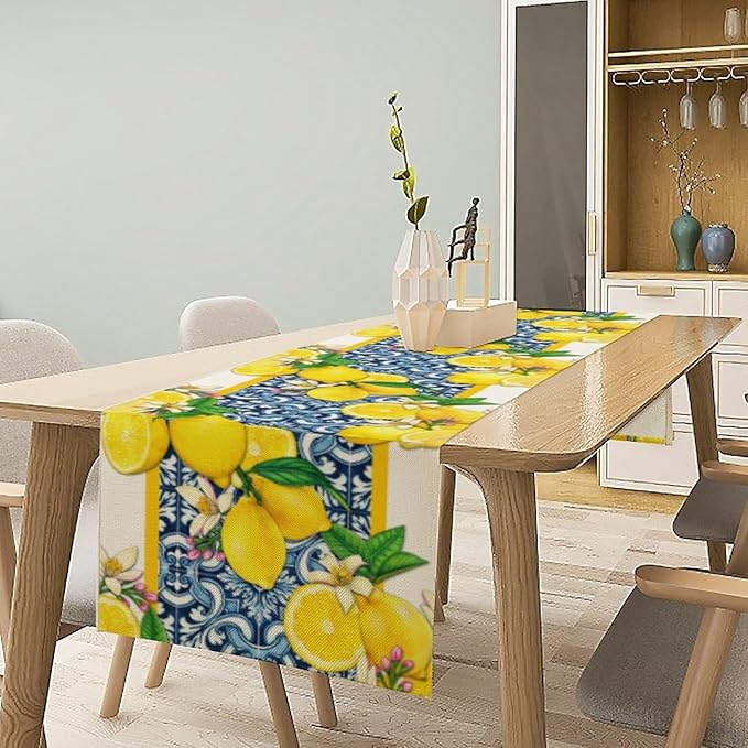 Lemon Table Runner ,Summer Blue Tiles Lemons Kitchen Dining Table Decoration Lemons Table Cover for Indoor Outdoor Home Party Decor, 13 x90 Inch