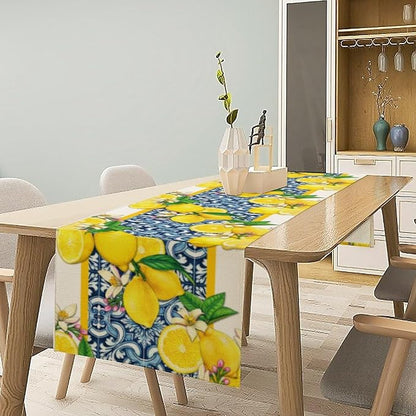 Lemon Table Runner ,Summer Blue Tiles Lemons Kitchen Dining Table Decoration Lemons Table Cover for Indoor Outdoor Home Party Decor, 13 x108 Inch