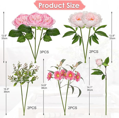 10PCS Hot Pink Flowers Artificial Peonies Silk Flowers with Stems Realistic Faux Peony and Daisies Fake Flowers for Vase Floral Centerpiece Arrangements Wedding DIY Bridal Bouquet Party Home Decor