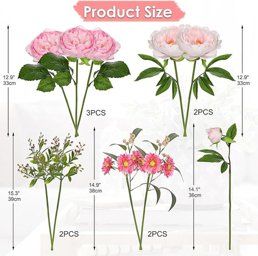 10PCS Hot Pink Flowers Artificial Peonies Silk Flowers with Stems Realistic Faux Peony and Daisies Fake Flowers for Vase Floral Centerpiece Arrangements Wedding DIY Bridal Bouquet Party Home Decor