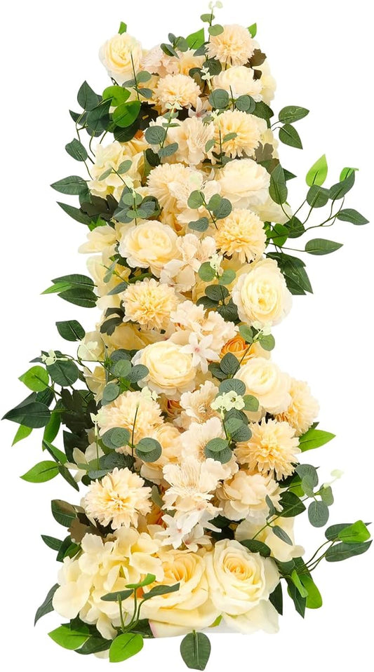 Eapmic Artificial Flower Row, 39.37in Peony Hydrangea Floral Arrangement, Faux Flower Panel Table Centerpiece for Wedding Arch Wall Backdrop Ceremony Reception Home Party Decoration (Champagne)