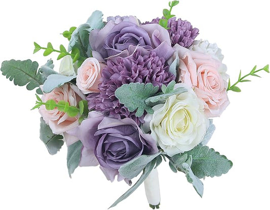 Rinlong 9" Wedding Bouquet for Bride Bridal Bridesmaid Artificial Flowers Pastel Purple Silk Tossing Wedding Prom Bouqeut